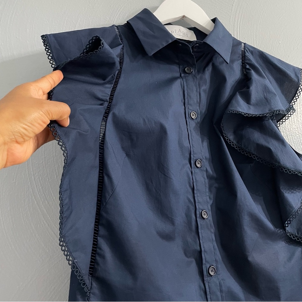 Pearl Navy Ruffle Sleeveless Button-Front Blouse - Picture 6 of 14